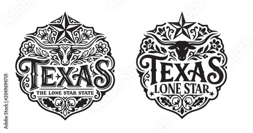 Vintage Texas emblems featuring longhorn steer heads beneath Lone Star with ornate filigree. Black and white retro badges. Perfect for t-shirts, logos, western merchandise.
