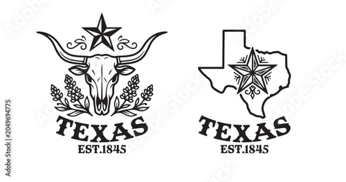 Two vintage Texas logos: longhorn skull with decorative star, state outline with ornate star. 