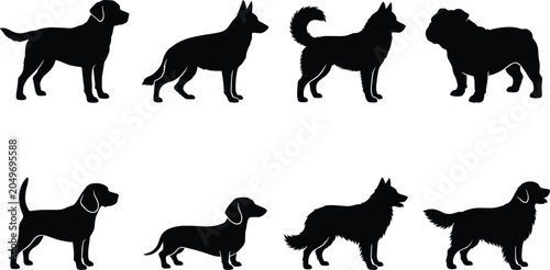 Tableau sur toile Domestic Dog Breed Silhouette Collection Set with Canine Pet Profiles and Vector