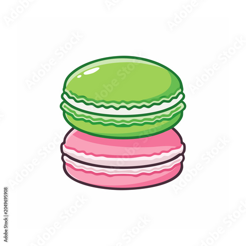 Two macarons, green and pink, on a white background