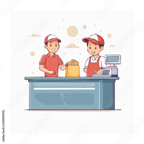 Two smiling shopkeepers working at a counter with a cash register