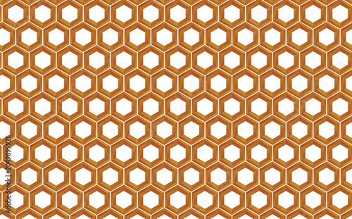Gold honeycomb hexagon seamless pattern on white, 3D geometric background