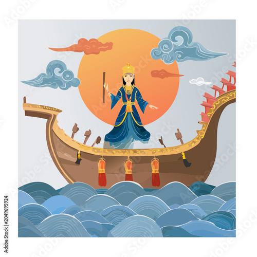 Woman in traditional blue dress on a boat under the sun