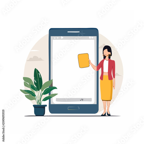 Woman presenting a mobile app on a large smartphone screen