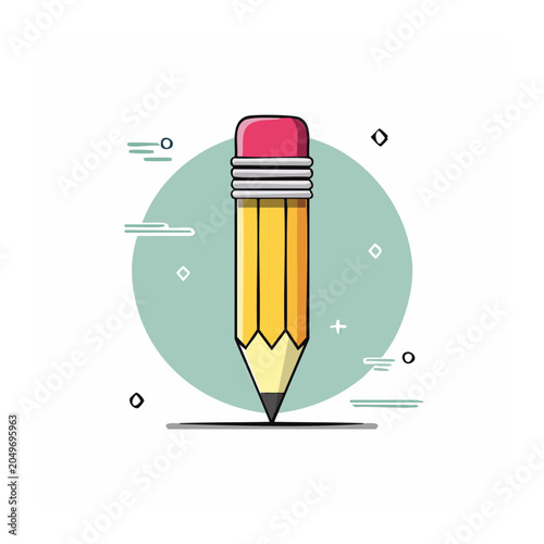 Yellow pencil with pink eraser on a teal circle background