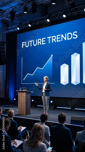Speaker discusses business growth at a corporate event. Blue tones dominate the scene.