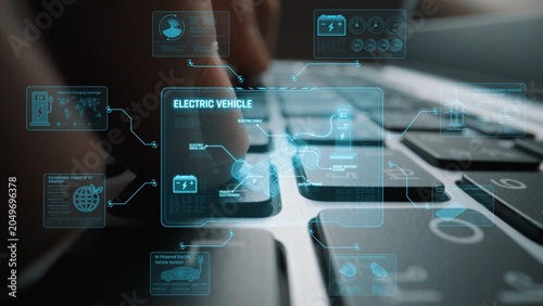 Foto Technical layout of electric vehicle showing battery system, power control, trac