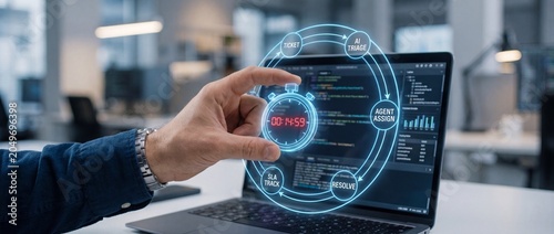 Futuristic digital workflow automation visualized with a stopwatch overlay and glowing circular diagram showing ticket triage agent assignment resolution and sla tracking on a laptop screen