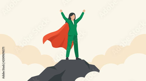 Fotografía Businesswoman in superhero cape standing victoriously on mountain top