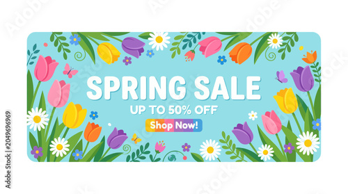 Quadro em tela Spring Sale Banner with Colorful Flowers and Butterflies - Up to 50% Off