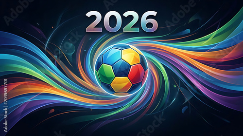 A multicolored soccer ball at the center of a swirling light vortex against a dark space background, with bold metallic 