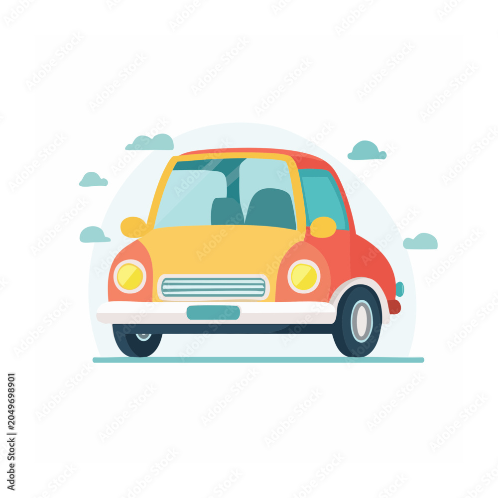 Fototapeta premium Cute cartoon car with clouds in flat design style