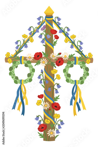 Swedish traditional midsummer pole decorated with flowers - vector illustration.