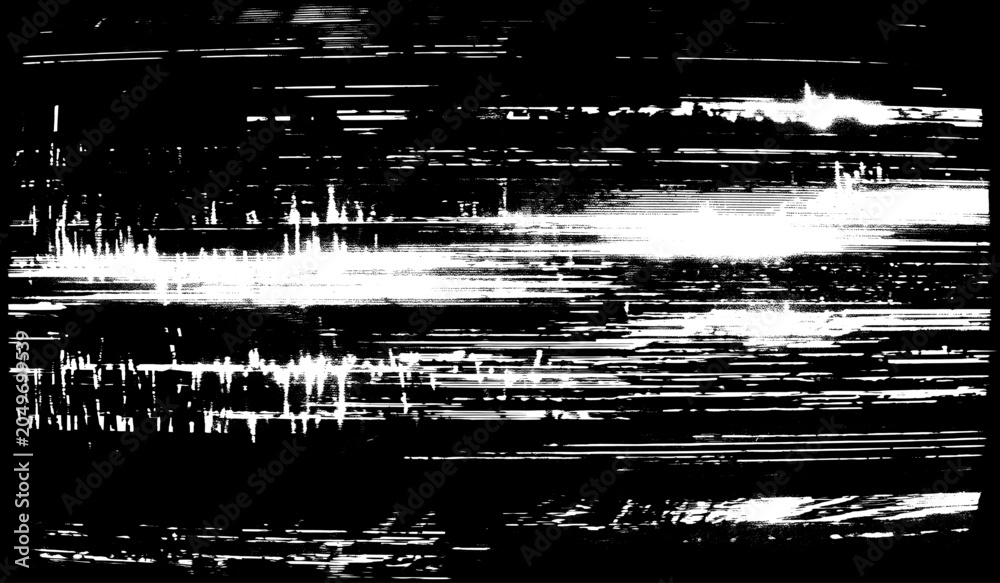 Fototapeta premium Abstract black and white digital glitch effect with horizontal lines and bright light streaks
