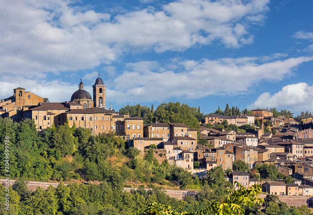Naklejka premium Palazzo Ducale stands majestically in Urbino, Italy, showcasing its medieval architecture against a backdrop of lush greenery and open skies, reflecting the city's storied past.