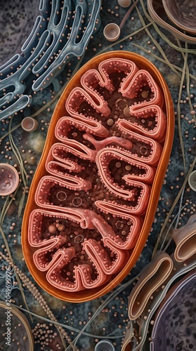 Mitochondrion, vital eukaryotic organelle producing cellular energy through aerobic respiration, featuring inner membrane crista, matrix, and intermembrane space, central process of metabolism.