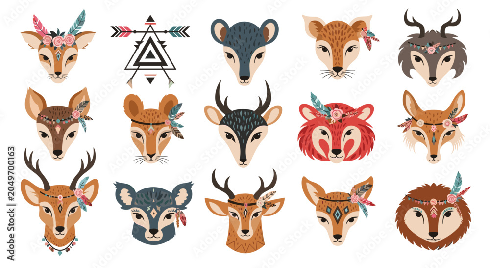 Obraz premium Tribal style animal heads decorated with feathers and flowers including deer, wolf, fox, lion, and forest creatures.