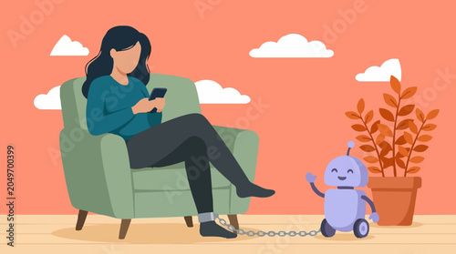 Slika na platnu Woman chained to a friendly robot, engrossed in smartphone usage, digital depend