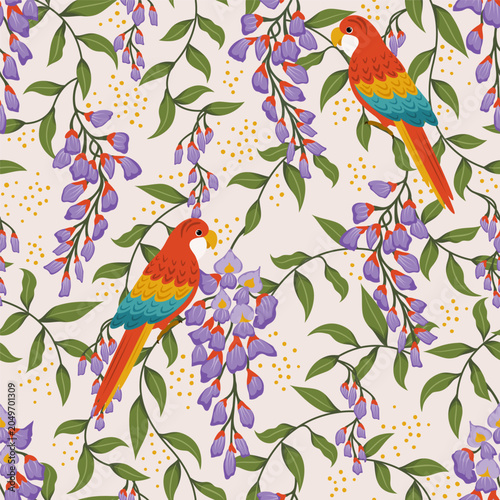 Spring blossom theme seamless pattern with wisteria flowers and rosella parrots. Vector illustration.