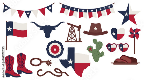 Texas state symbols and icons set, lone star flag vector collection, western cowboy culture elements for southern travel and rodeo design