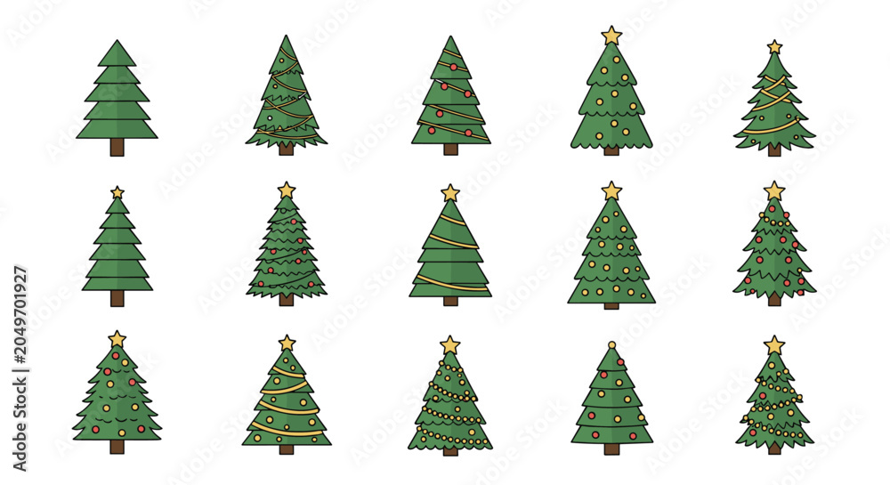 Obraz premium Large collection of diverse christmas tree icons with different decorations styles and stars for festive holiday graphic design projects.