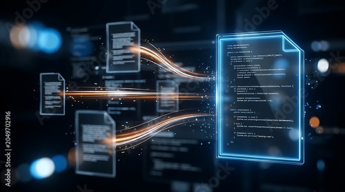 Digital data streams flowing between illuminated code documents in a dark, futuristic abstract digital network environment