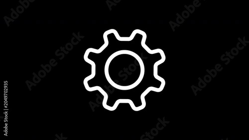 Minimal White Animated Settings Gear Line Icon with Alpha Channel, UI Configuration and Options Cogwheel Loop on Transparent Background