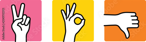 Tableau sur toile Three stylized hands showing victory ok and thumbs down gestures against colorfu