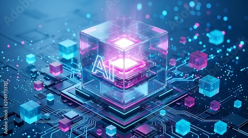 Abstract digital art showcasing an AI chip encased in a glass cube, representing artificial intelligence and advanced technology with glowing neon circuits and floating data cubes.