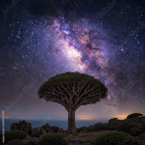 Dragon blood tree under bright Milky Way galaxy night sky