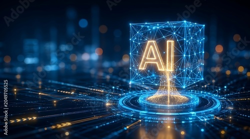Futuristic glowing AI lettering encased in a digital geometric network cube, symbolizing advanced artificial intelligence and technology concepts.