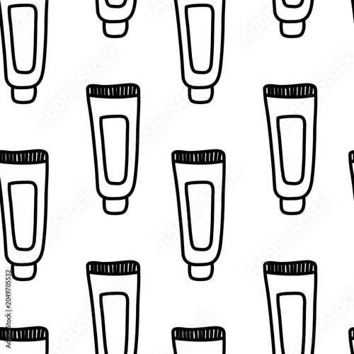 Seamless Pattern with Cosmetic Tubes in Minimalist Black Line Style