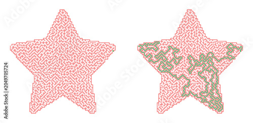 Happy New Year  and Christmas maze printable, five-pointed star symbol with solution line. Holiday season labyrinth