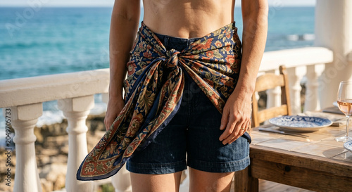 Stylish woman wearing a floral silk scarf tied around the waist on a seaside terrace. Elegant resort fashion, summer styling inspiration, luxury travel lifestyle, and Mediterranean coastal aesthetics 