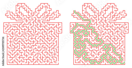 Printable holiday maze with answers in shape of gift box with bow. Red and green lines. Printable sheet for activity