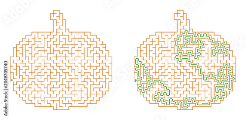 Holiday maze activity grid with start marker, puzzle in shape of pumpkin. Halloween autumn themed challenge