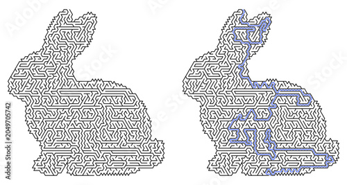 Maze puzzle in shape of bunny with blue solution line. Vector labyrinth game for print with holiday season Easter and spring symbol. Entertainment and leisure activities for kids and adults