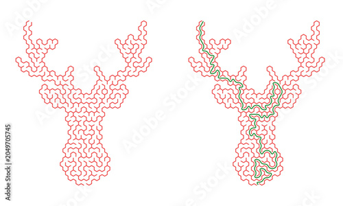 Festive maze activity sheet, puzzle in shape of christmas reindeer, red and green colors, printable maze
