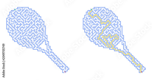 Sports activity maze solution, puzzle in shape of blue tennis racket with yellow solution line. Find way challenge with start and finish dots
