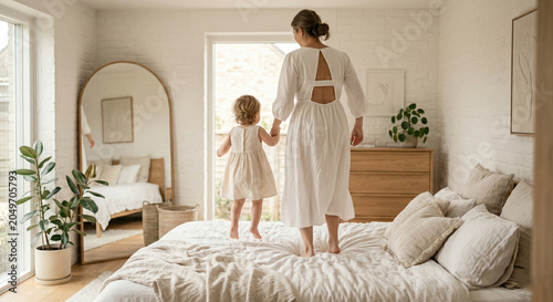 Mother and young daughter joyfully jumping on a bed in a bright Scandinavian-style bedroom. Authentic family lifestyle moment showcasing childhood happiness