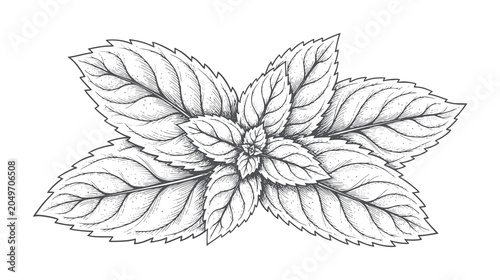 Schilderij op canvas Black and white engraving of a mint plant with textured leaves herb botanical
