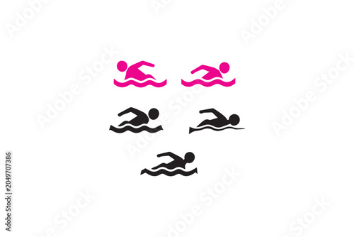 Swimming icon set isolated on white background depicting five stylized swimmers in various water waves and poses featuring black and pink colors.
