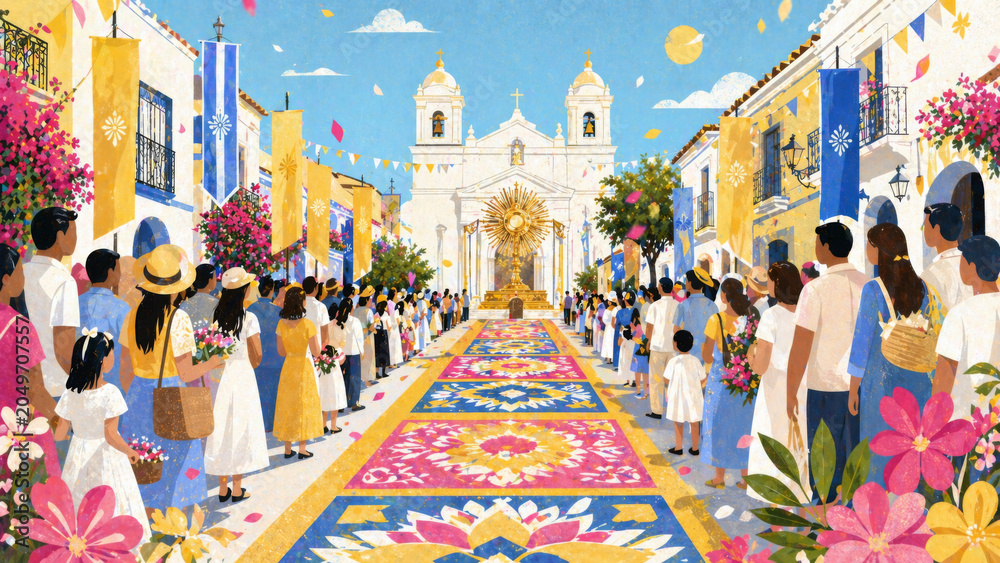 Fototapeta premium Corpus Christi celebration with people lining decorated streets, vibrant flowers