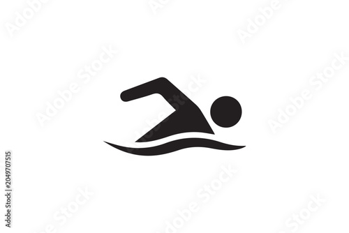 Single black swimming icon isolated on white background showing stylized athlete silhouette performing freestyle stroke inside curved water wave.