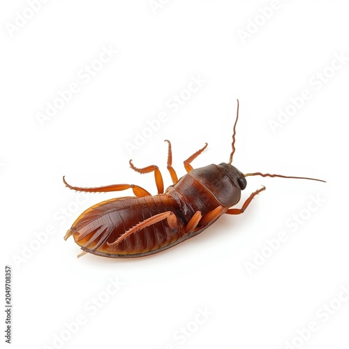 Dead cockroach lying on its back isolated pest control concept
