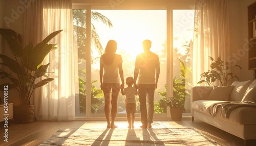 Family standing together looking outside through large windows in living room