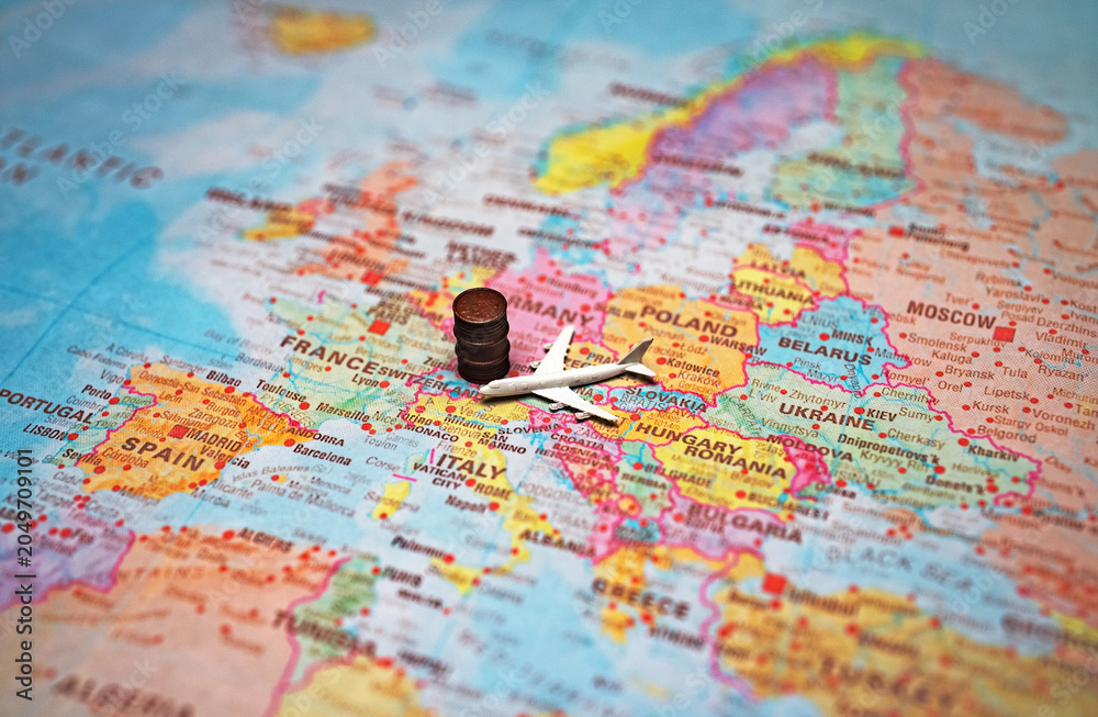 Naklejka premium Airplane and fuel barrel on a map of Europe.