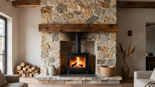 Traditional stone fireplace with wood burning stove and rustic beam details in a cozy room setting