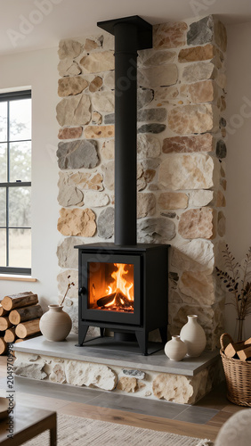 Rustic freestanding wood burning stove in a natural stone surround with raised hearth and log storage