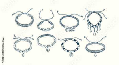 Fotografía Hand Drawn Set of Handmade Friendship Bracelets with Beads Letters and Charms in